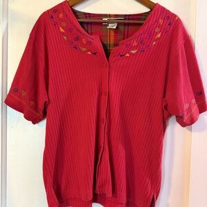 Red Ribbed Top with Embroidered spirals